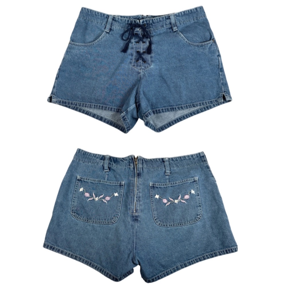 Xhilaration‎ Vintage 90s Lace Up Denim Shorts Floral Embroidered 13 Y2K Coquette